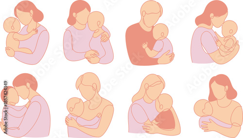 A collection of heartwarming line art illustrations showcasing parents lovingly embracing their young infants