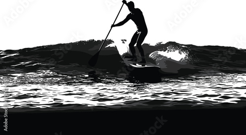 Paddleboarding silhouette illustration, ocean wave action, black and white water sport art, surfing balance, dynamic motion, outdoor adventure