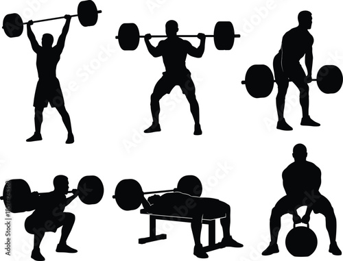 Weightlifting silhouette illustration, barbell and kettlebell exercises, strength training poses, fitness workout, black and white gym art, powerlifting