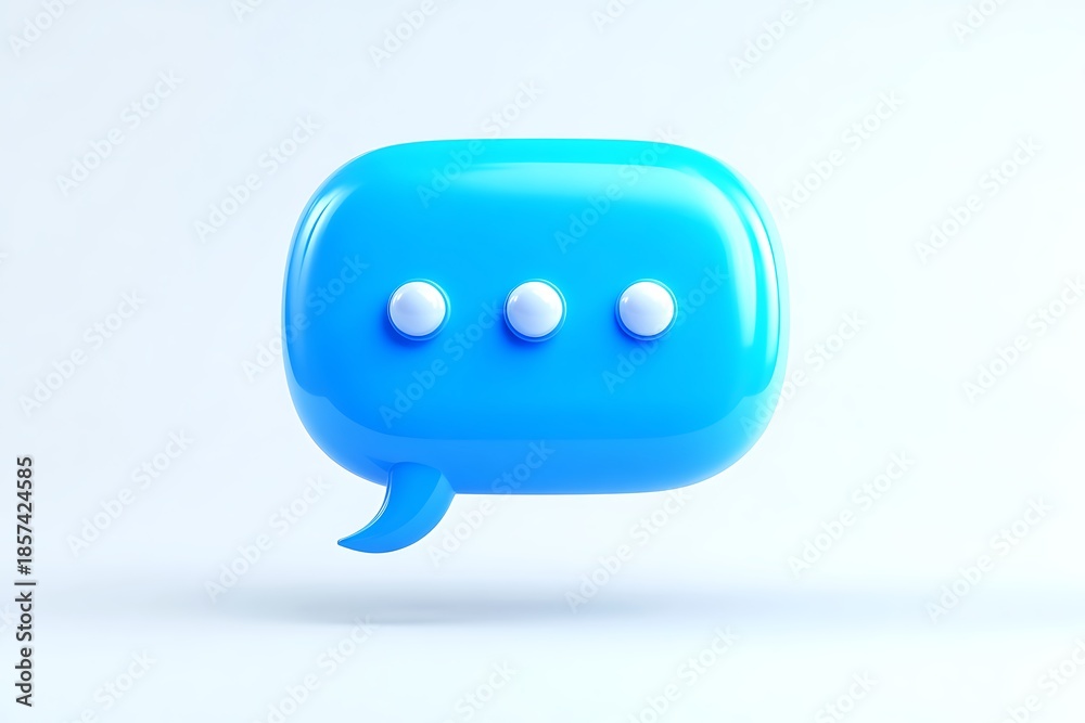 Fototapeta premium Vibrant blue 3D speech bubble icon with three dots on a clean white background, symbolizing communication or messaging.
