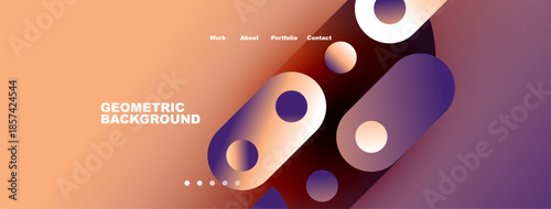 Abstract design features vibrant circles, gradients. Navigation includes work, about, portfolio, contact options. Modern aesthetic.