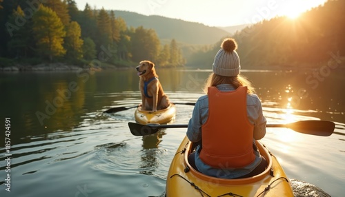 Woman and dog paddle kayaks on calm lake water surrounded by forest trees during sunset. Couple enjoys adventure and bonding time outdoors on vacation.