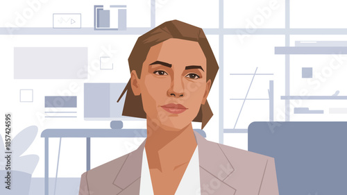 A confident professional woman with short brown hair poses in a modern office environment