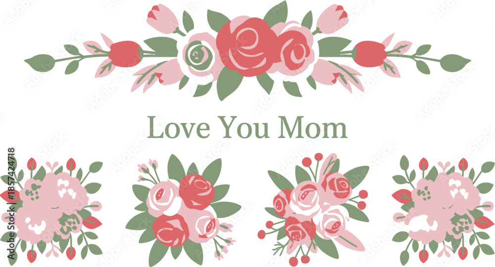 Obraz premium A decorative arrangement of soft pink and red flowers with green leaves accompanies a loving message for mom