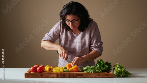 Woman Chopping Fresh Vegetables on Wooden Cutting Board in Kitchen
