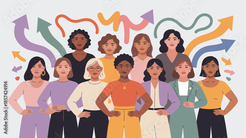 A diverse group of confident women stand together with colorful upward arrows representing collective progress and unity
