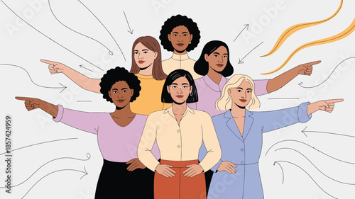 A diverse group of empowered women point outwards, representing shared vision, strategic direction, and collective influence