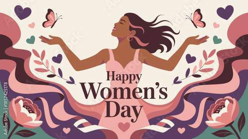 A graceful woman with flowing hair celebrates Happy Womens Day surrounded by hearts, flowers, and ribbons