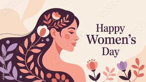 A graceful womans profile features long hair adorned with flowers and leaves, celebrating Happy Womens Day