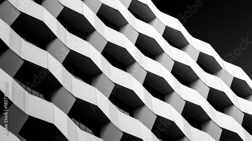Modern Building Facade with Wavy Hexagonal Geometric Pattern in Monochrome