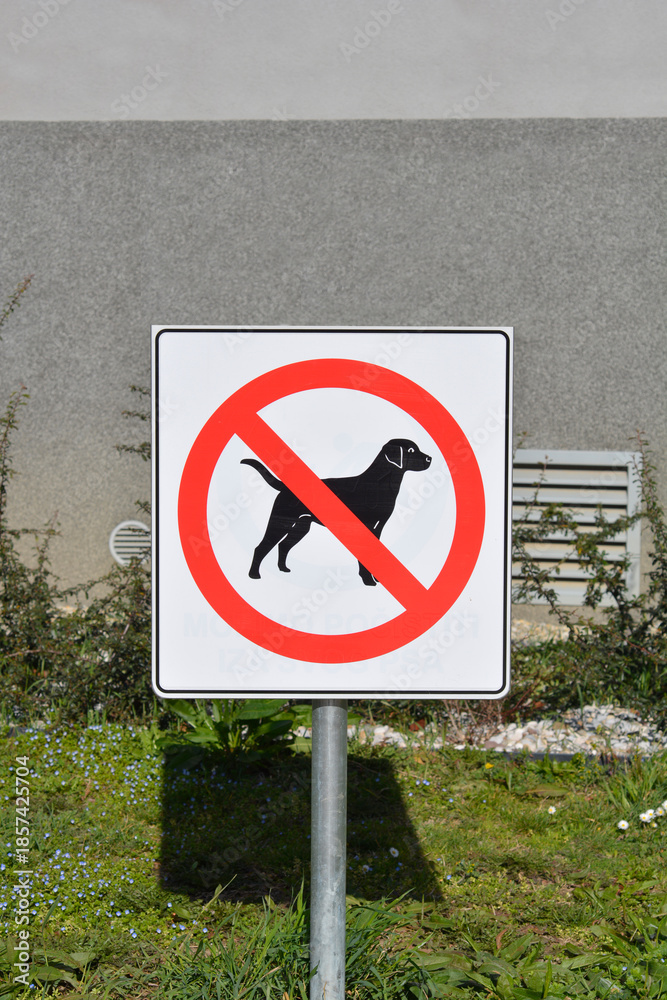 Ταπετσαρία A square prohibition sign with a black dog silhouette behind a red strikeout cir