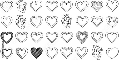 Black and White Line Art Heart Icons: Medical, Love, Cardiology, Symbol Set