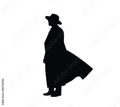 Black silhouette of a cowboy wearing a wide-brimmed hat and long duster coat, capturing a classic Western theme.