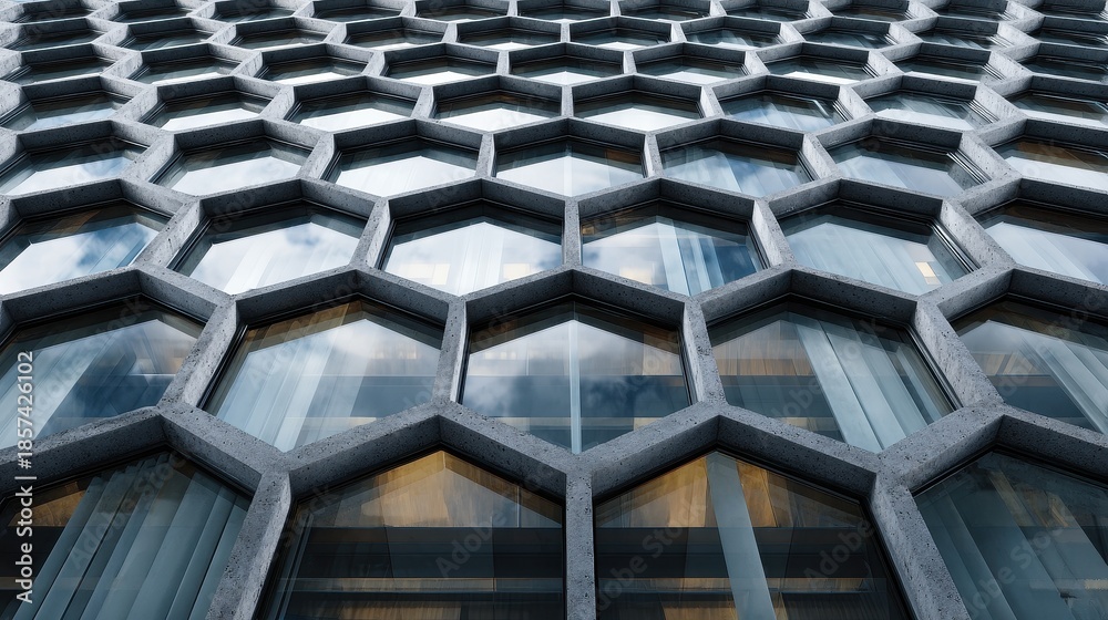 Obraz premium Modern Hexagonal Glass Facade of a Minimalist Architectural Building Structure