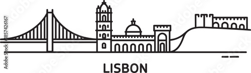 Lisbon cityscape line art vector featuring iconic bridge historical structures and castle on hill
