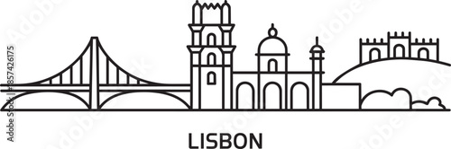 Lisbon city skyline line drawing vector showcasing bridge historic buildings and elevated fortress