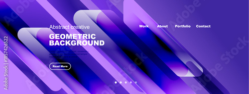 Abstract fluid shapes, vibrant purple hues dominate design. Website header features navigation, text, button. Modern aesthetic.