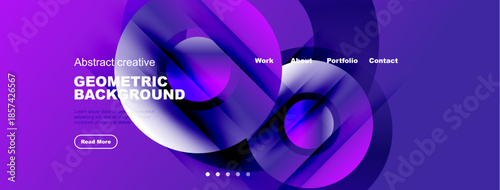 Abstract purple design features flowing shapes, text elements, navigation menu. Modern aesthetic suitable for website header or banner.