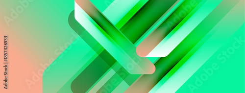 Abstract geometric composition. Green, turquoise hues blend with peach tones. Layers create dynamic visual effect. Modern design.