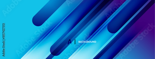 Abstract geometric design. Diagonal lines, vibrant blues, purples create modern background. Smooth gradients, rounded shapes present dynamic visual.
