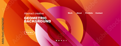 Abstract geometric background. Vibrant orange, pink hues dominate design. Website header includes navigation options, text, button.