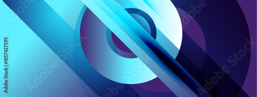 Abstract composition featuring layered circles, lines. Blue, purple hues create dynamic visual effect. Modern design elements present.