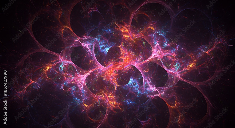 Fototapeta premium Vivid, swirling, abstract digital artwork with vibrant colors and complex patterns, dark background