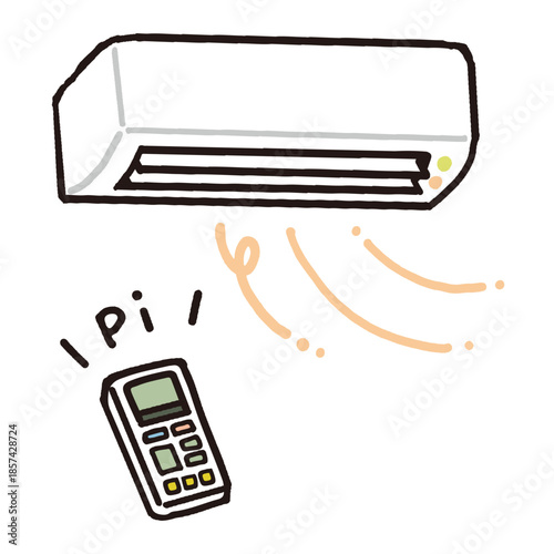 エアコンとリモコンの手描きイラスト（暖房）