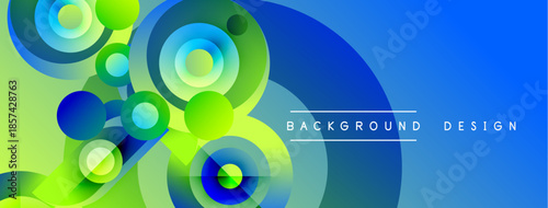 Abstract vibrant circles overlap. Blue, green hues create dynamic visual effect. Modern design element for backgrounds, presentations.