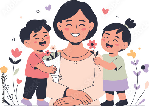A joyful mother receives a lovely bouquet and a single flower from her two happy children