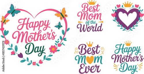 A lovely collection of Mothers Day greetings adorned with hearts, delicate flowers, butterflies, and elegant crown symbols