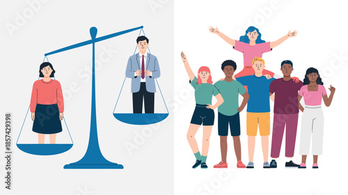 Man and woman stand on a balanced scale, symbolizing equality, next to diverse young people
