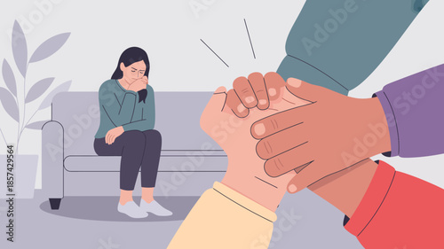 A sad woman sits on a sofa while caring hands reach out to offer support and comfort