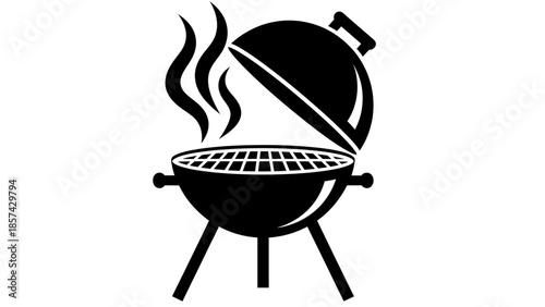 Cartoon illustration of a hot metal barbecue grill with meat cooking over a fire symbol for a camping food design or restaurant kitchen icon