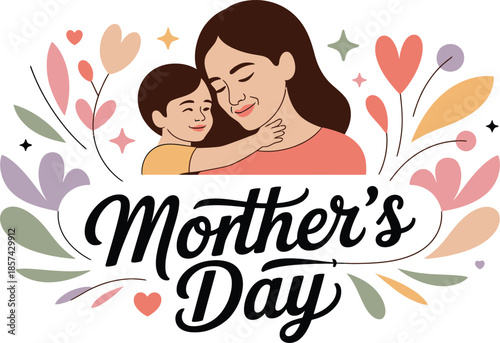 A tender Mothers Day celebration with a mother lovingly embracing her young child among decorative flowers