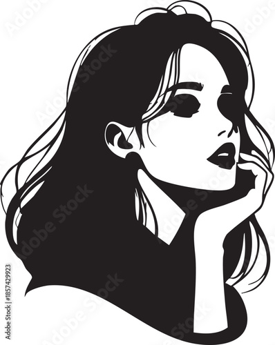 Black and white vector portrait: woman with long hair illustration eps silhouette