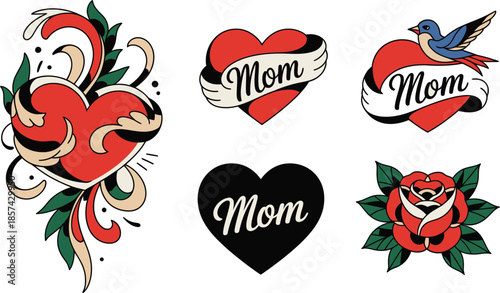 A varied set of old school tattoo elements celebrating mothers with hearts and floral designs