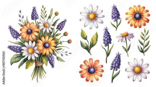 A vibrant watercolor bouquet features daisies, orange flowers, and purple hyacinths on a clean white background