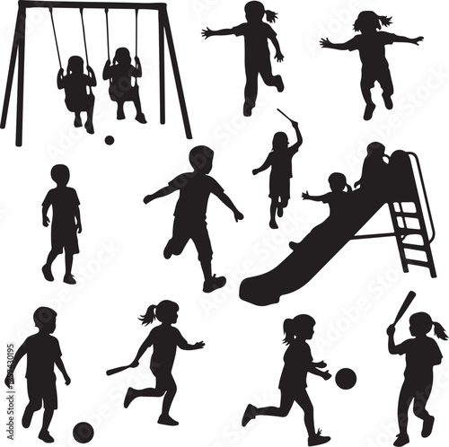 Children playing at the playground in silhouette style