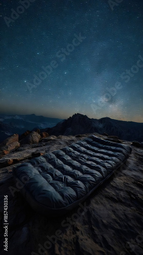 Starlit camping experience on a mountain top with a sleeping pad set against a clear night sky