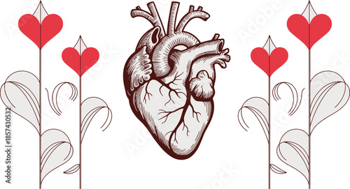 Anatomical drawing of a human heart centered between four stylized red heart flowers