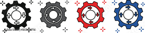 Four Colored Gears with Directional Arrows Inside Each Gear mechanical black gray