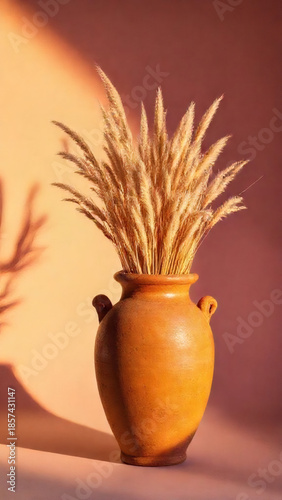 Rustic vase with dried grass illuminated by soft natural light on a warm background