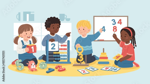 Happy diverse children learning math in a joyful preschool setting, utilizing abacus, number blocks, and cards for engaging early education and skill development