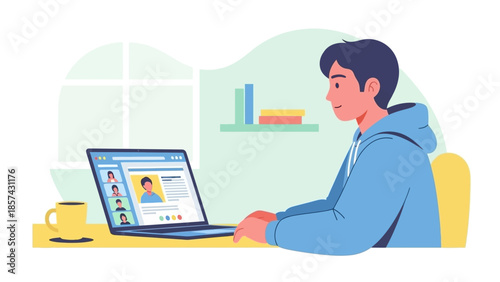 Young Man Participating in a Video Conference Call on His Laptop While Working from Home