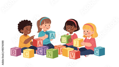 Diverse young children joyfully engage in early learning activities, playfully interacting with colorful alphabet building blocks to develop essential cognitive skills