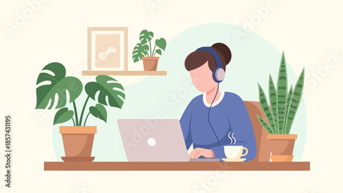 Woman working remotely on a laptop with headphones and plants surrounding her home office setup