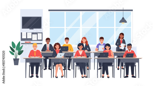 Diverse group of professionals engaged in a modern classroom setting, actively participating in a digital learning session with instructors, highlighting collaborative education and skill development