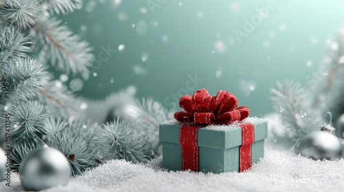 A green box with a red bow on top of it