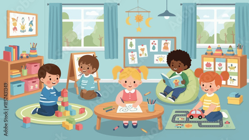 Diverse group of happy children actively engaged in playful learning activities within a bright classroom setting, emphasizing the benefits of early childhood education and development